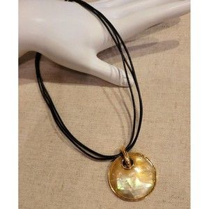 Lia Sophia Mother of Pearl MOP Golden Iridescent Disk Pendant Necklace